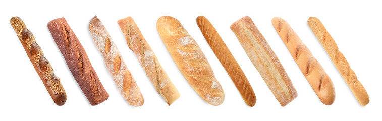 Different types of fresh baguettes isolated on white, collage