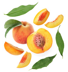 Ripe juicy peaches and green leaves on white background, collage