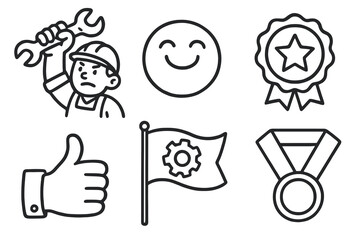 6 black and white pride icons. Cartoon vector for Labor Day celebration.