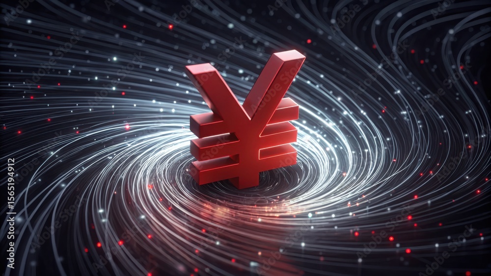 Poster Red Yen Sign Surrounded by Data Streams in a Futuristic Setting