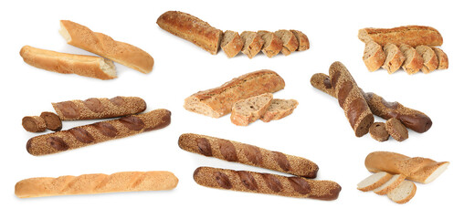 Different types of baguettes isolated on white, collage. Whole and sliced bread