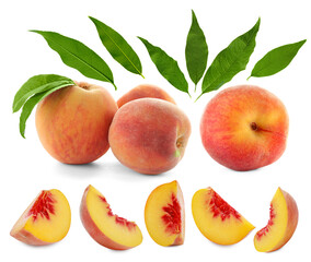 Ripe juicy peaches and green leaves on white background, collage