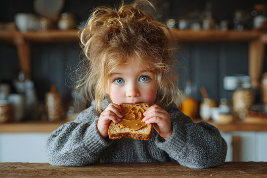 young child eating slice of peanut butter on toast for breakfast, allergen exposure theme