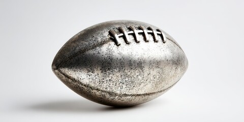 Stright on photo of a light grey low contrast chrome american football sculpture on a plain white backgrounds