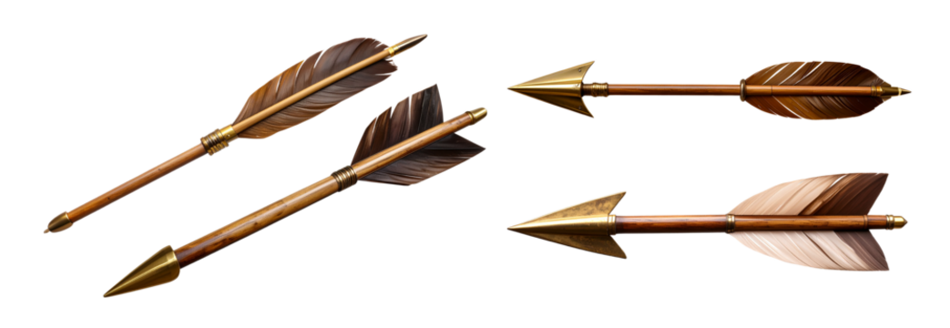 Collection of Wooden arrow featuring brown feather fletching, golden metal arrowhead, positioned horizontally against transparent backdrop