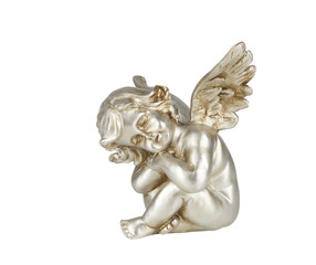 Golden ceramic little angel in a sitting position, hugging her chest cut out isolated transparent...