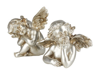 Pair of silver ceramic little angels in a sitting position, hugging each other and resting their...