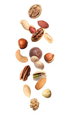 Peanut and other nuts falling on white background