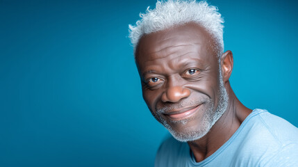 Obraz premium Older man smiles warmly, showcasing his silver hair and beard. He wears a light blue shirt. The vibrant blue backdrop enhances the friendly and inviting atmosphere of the moment