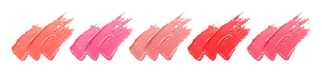 Smears of lipstick on white background, set. Palette of shades
