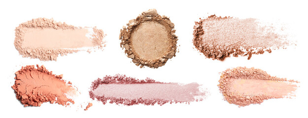 Samples of eyeshadow on white background, set. Palette of shades