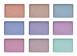 Eyeshadow in refill pans on white background, set. Palette of shades