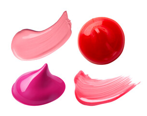 Samples of lip gloss on white background, set. Palette of shades