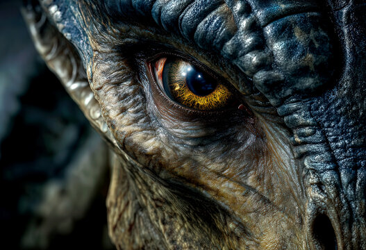 A mythical creature's eye reveals deep, rich textures and hues, capturing the viewer's attention with its intense focus. This close-up invites imagination and wonder.