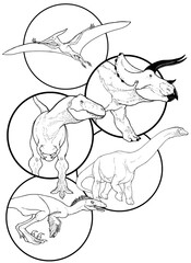 Dino portraits collage, depicting Tyrannosaurus rex, Triceratops, Deinonychus, Argentinosaurus and the pterosaur Pteranodon (lineart / coloring version).