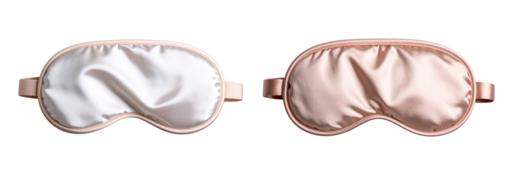 Collection of Pink satin eye sleeping mask isolated on white background. Insomnia and sleeplessness disorder concept. Close up, copy space, flat lay. Accessories for girls and women 