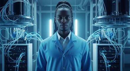 A young Black scientist stands confidently amidst complex laboratory equipment, illuminated by a cool blue glow, showcasing advanced technology and scientific innovation.