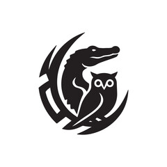 Black silhouette of an alligator and owl in a crescent moon shaped design element