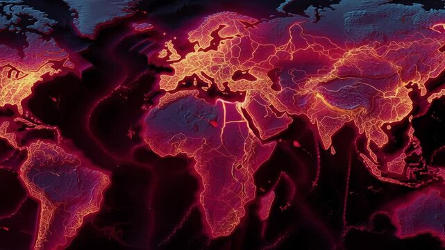 Earthquake data visualization map displaying global tectonic plate boundaries and seismic activity with glowing fault lines highlighting risk zones