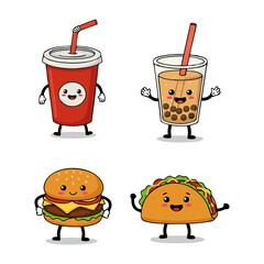 Funny Cartoon food and drink Characters Set Illustration