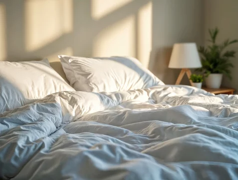 Light-Filled Empty Bed with Wrinkles and Softness