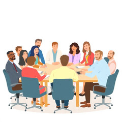 A large team of twelve employees are sitting at a conference table, engaged in discussion. The group includes men and women of different ages and backgrounds.