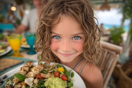 A girl with a smile is collecting fries from her plate as she dines with her family at a resort during their vacation