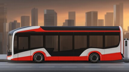 A modern public transport bus is charging at an electric charging point, symbolizing clean green energy and zero waste, in a hyper-realistic stock photo with ample copy space
