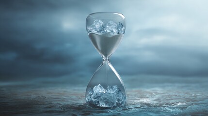 A clear hourglass filled with melting ice cubes symbolizes the passage of time and the transient nature of moments.