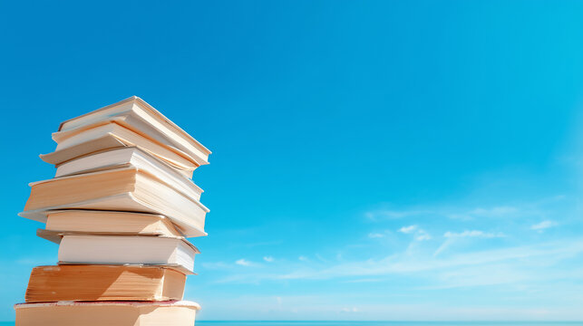 A tall stack of various books is set against a clear blue sky, creating a serene and inviting scene. The background hints at a beach, suggesting a perfect summer day for reading outdoors