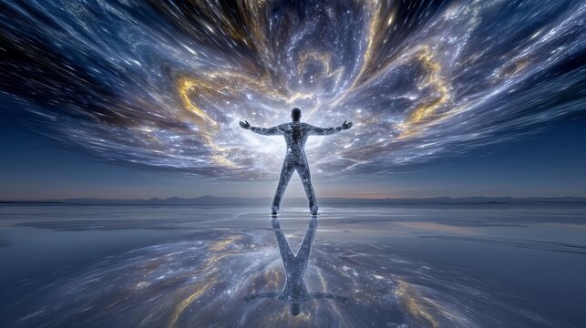 Someone, struck by the beauty, extends their arm towards a glorious display of bioluminescent light, fascinated by the shimmering colors and intricate details of the organic sculpture