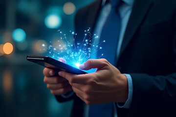 Businessman holding smartphone with glowing blue light and digital network effect against blurred background with bokeh lights