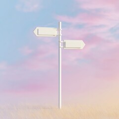 A white dual-arrow signpost stands in a field of soft grass under a pastel pink and blue sky at dusk or dawn.
