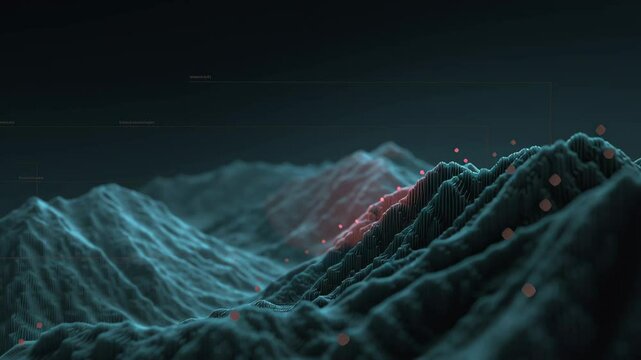 Earthquake data visualization featuring 3D mountain terrain with red points highlighting seismic activity and detailed geological data dark digital
