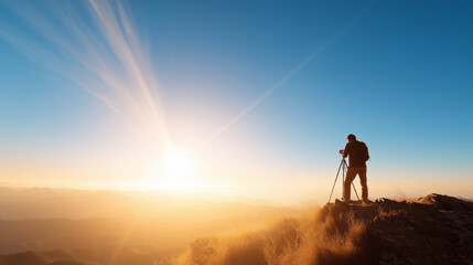 A photographer stands on a rocky mountain summit at dawn, setting up equipment to capture the breathtaking view of the sunrise illuminating the horizon