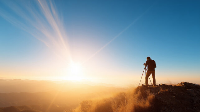 A photographer stands on a rocky mountain summit at dawn, setting up equipment to capture the breathtaking view of the sunrise illuminating the horizon