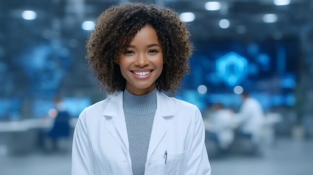 A black female doctor with a smile stands in front of her team, symbolizing inclusion and leadership
