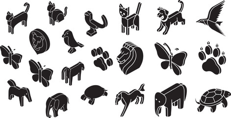 Black isometric animal collection lion bird