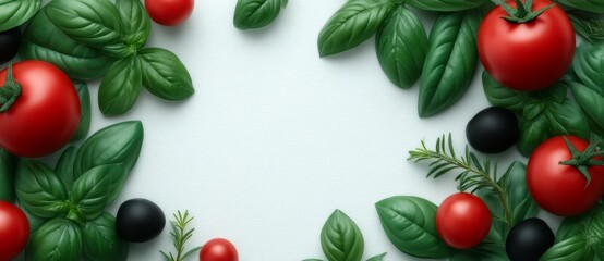 Components for preparing nutritious homemade meals include fresh vegetables, fruits, microgreens, and herbs, shown from an overhead perspective with room for text