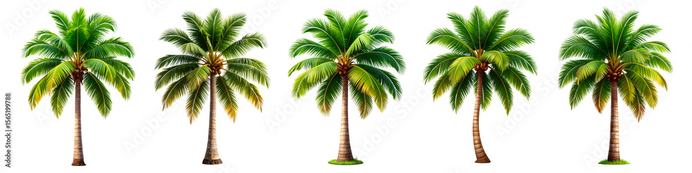 Fototapete Collection of Realistic 3d rendering of leaning coconut palm tree, isolated on transparent background with tropical paradise essence