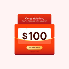 $100 Voucher Coupon Banner Design with Bonus Reward Message and Redeem Now Button, Modern Flat Style Red Background for Special Offer, Cashback, or Gift Campaigns