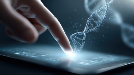 A finger interacts with a touchscreen displaying a glowing DNA strand, symbolizing digital genetics or biotechnology innovation.