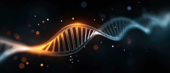 A glowing DNA double helix strand illuminated with blue and orange light against a dark background.
