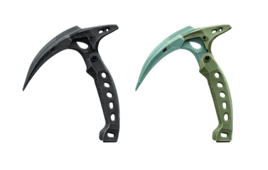 Two vector-style ice climbing picks in black and green, isolated on a transparent background