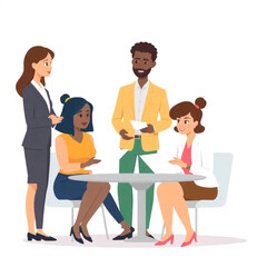 Fototapeta premium A small team of three team members are preparing training materials. One person is standing while the rest are seated, listening attentively.