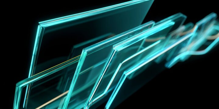 A dynamic 3D composition of multiple thin, semi-transparent rectangular glass panels, arranged in a flowing zigzag pattern. 