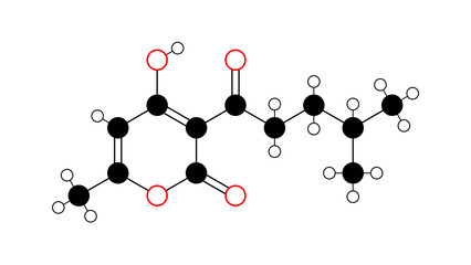 pogostone molecule, structural chemical formula, ball-and-stick model, isolated image antibacterial