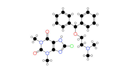 dimenhydrinate molecule, structural chemical formula, ball-and-stick model, isolated image antiemetic agent