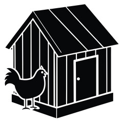 Simple black and white icon of a chicken standing next to a wooden chicken coop © shah