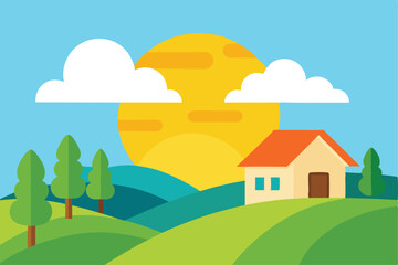Fototapeta premium Sunny Day Countryside Landscape House on Rolling Hills Illustration